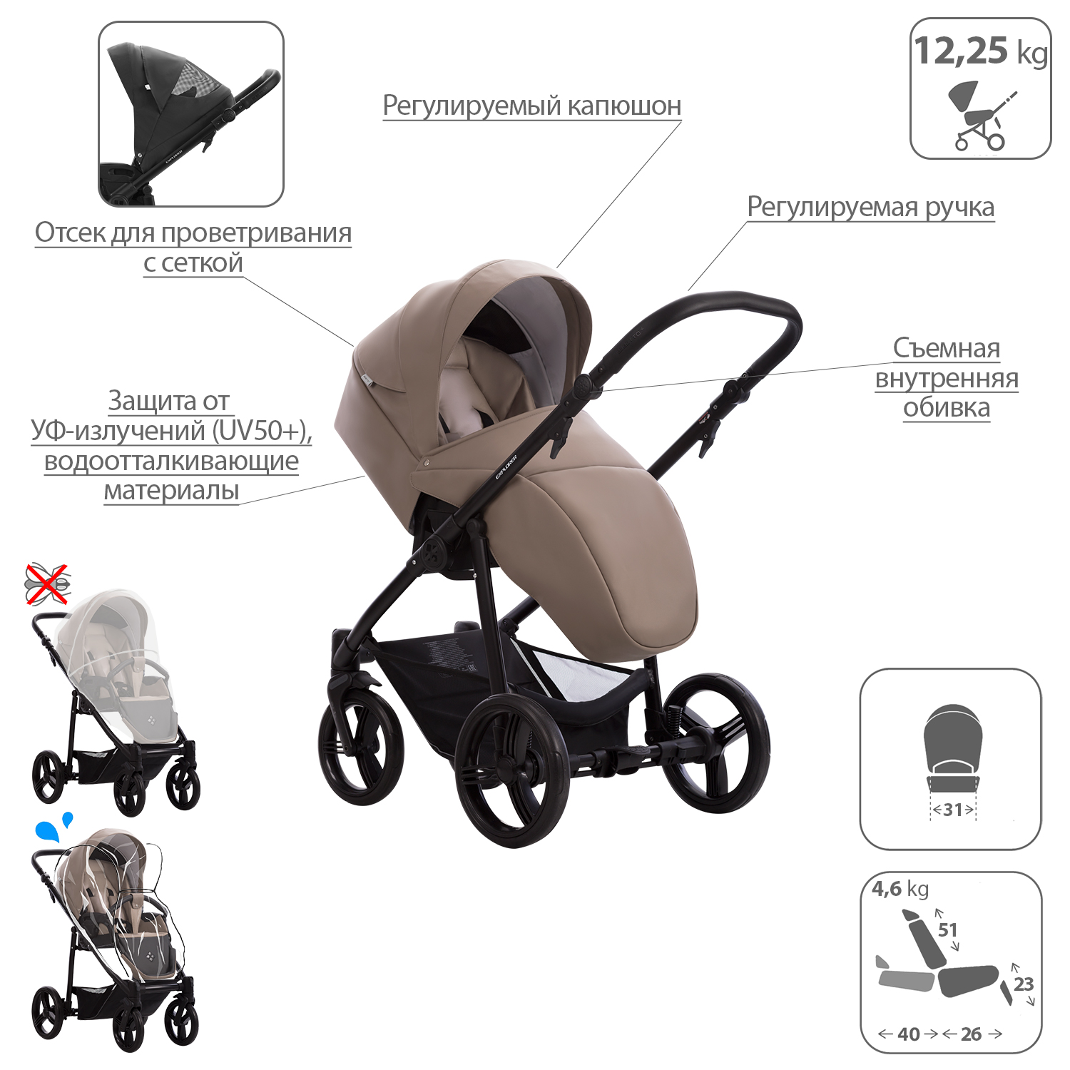 Коляска 2в1 Bebetto Explorer Air Pro экокожа шасси Черное 04 - фото 5