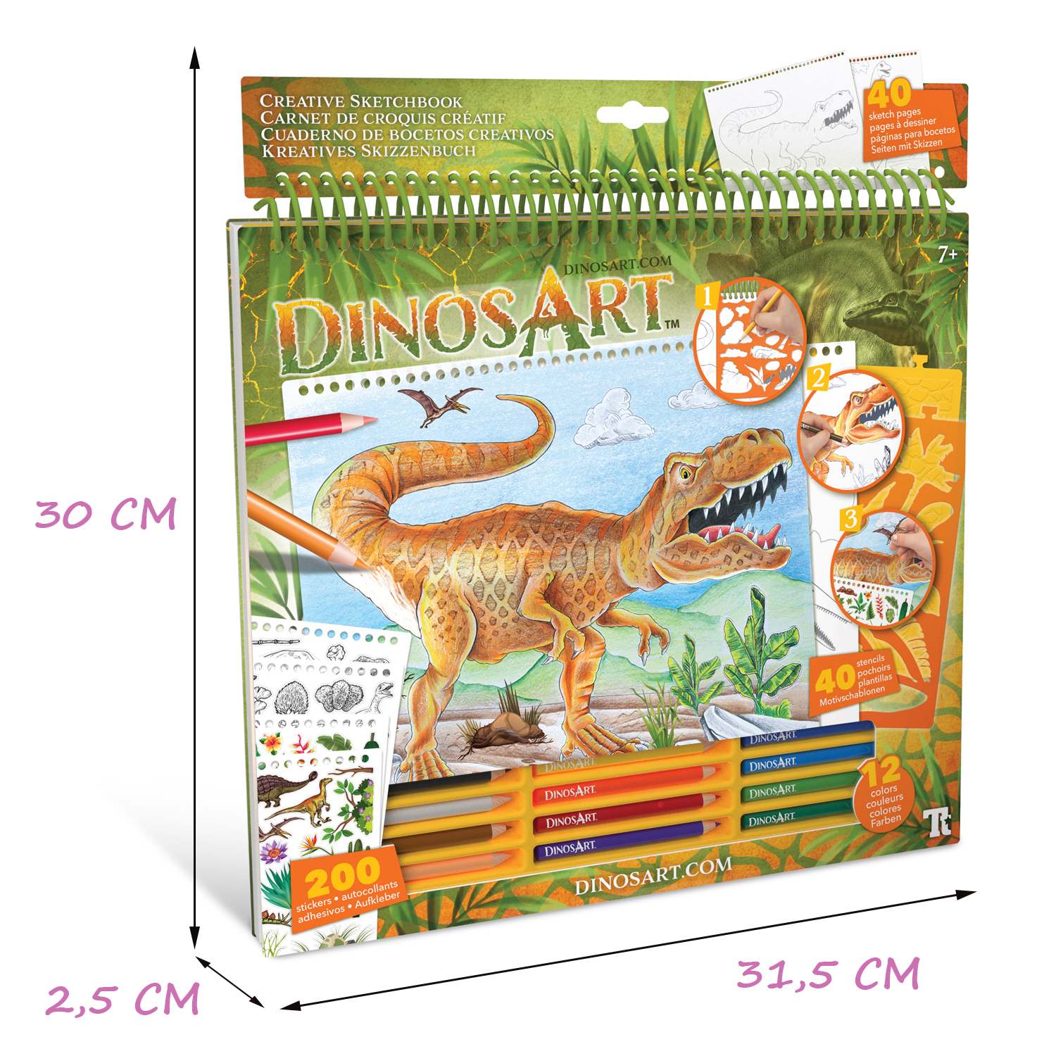 Набор для раскрашивания DinosArt с 40 скетч страниц с 40 трафаретами и 12 цветных карандашей - фото 3