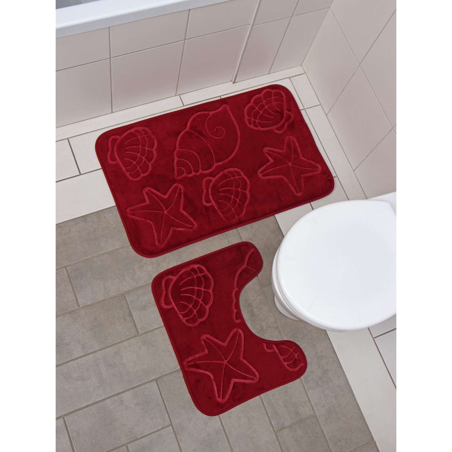 Набор ковриков Доляна для ванной и туалета «Ракушки» объёмные 2 шт: 40×50 50×80 см цвет бордовый - фото 1