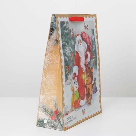 Пакет Дарите Счастье крафтовый вертикальный «Дедушка мороз и зверята». L 31×40×11.5 см
