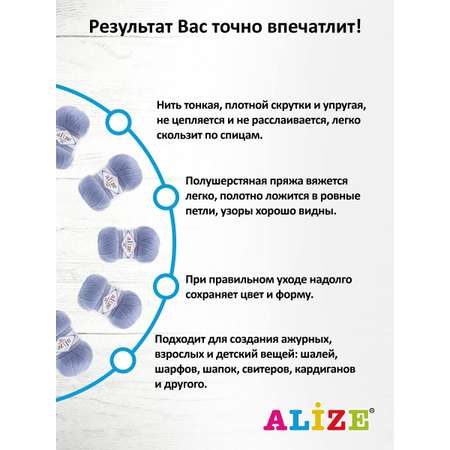 Пряжа Alize полушерстяная Lanagold 800 100 гр 730 м 5 мотков 40 голубой