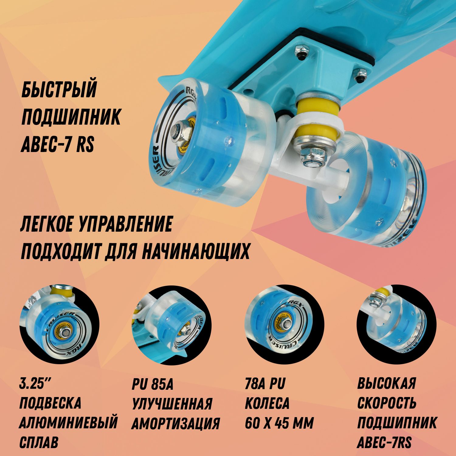 Мини-круизер RGX PNB-01GW 22 дюйма Blue светящиеся колеса - фото 2