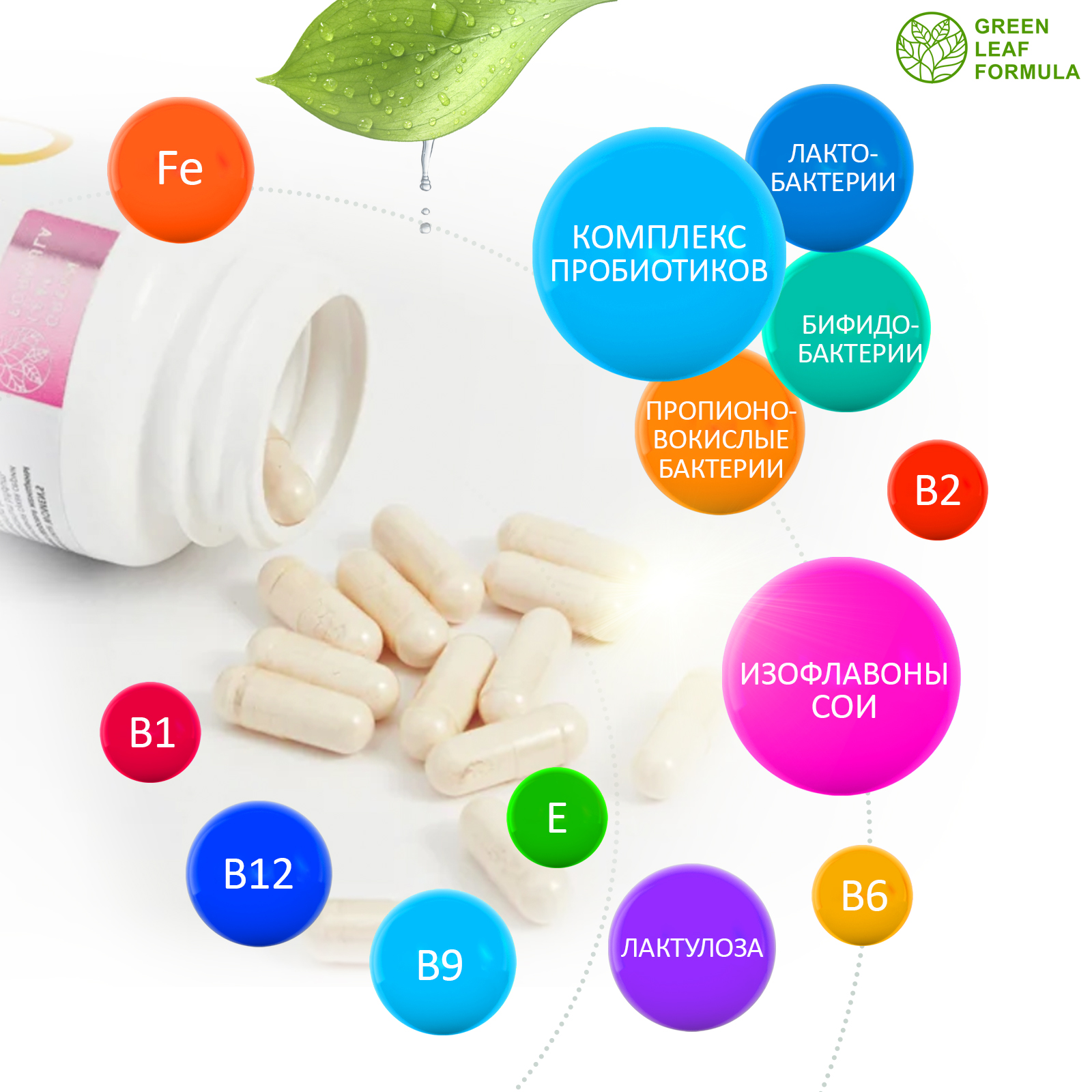 Пробиотик для женщин Green Leaf Formula фитоэстрогены витамин Д3 600 МЕ масло МСТ для энергии - фото 4