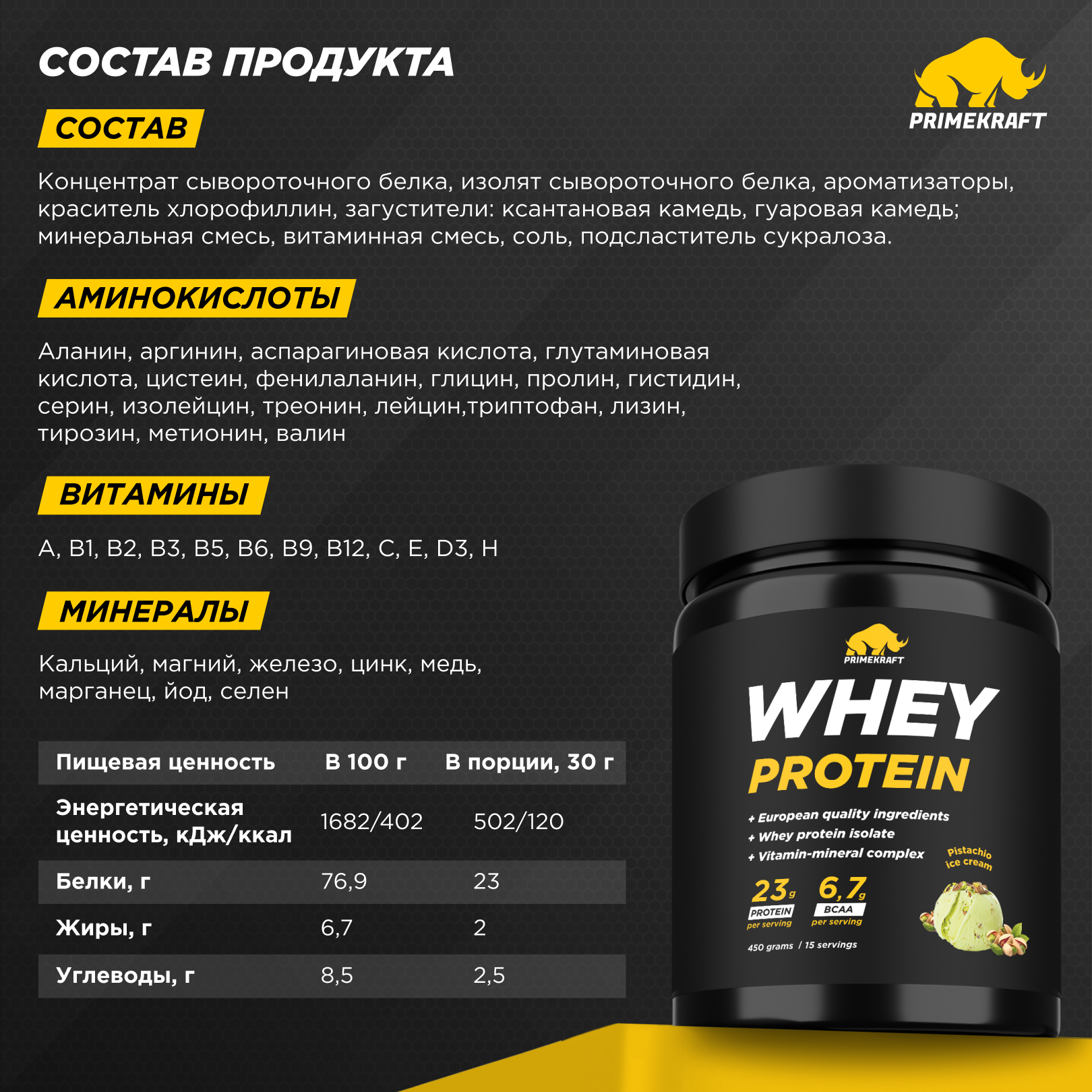 Протеин Whey Prime Kraft Фисташковое мороженое 450 г - фото 3