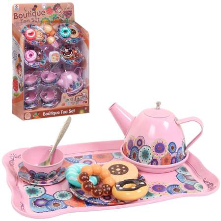 Игровой набор ABTOYS Посуда металлическая с чайником чашками блюдцами подносом продуктами розовый