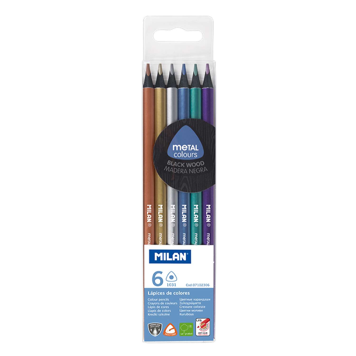 Набор цветных карандашей MILAN Metallic 6 металлических цветов трехгранный корпус в картонной упаковке - фото 1