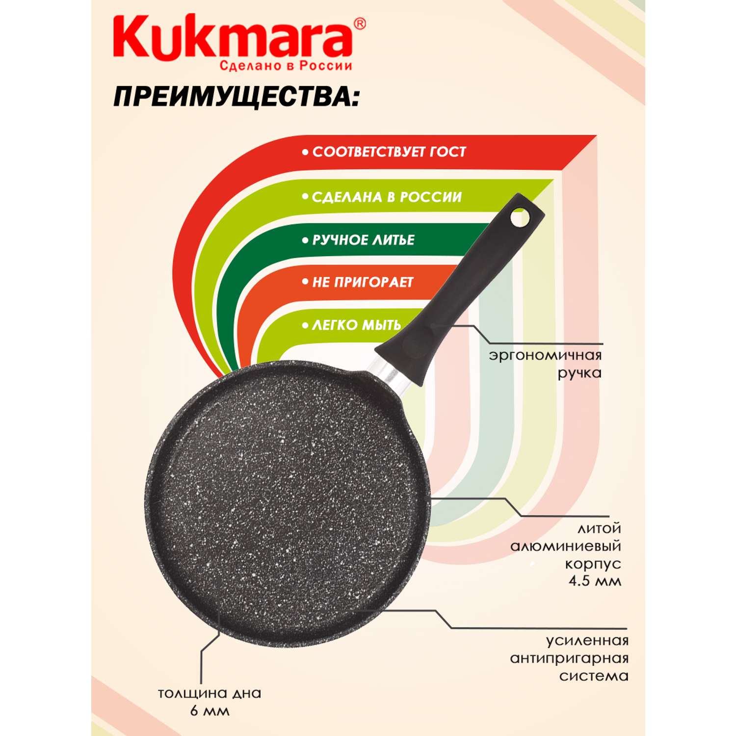 Сковорода Kukmara антипригарное покрытие литая блинная 24см съемная ручка Темный мрамор сбмт240-1а - фото 4