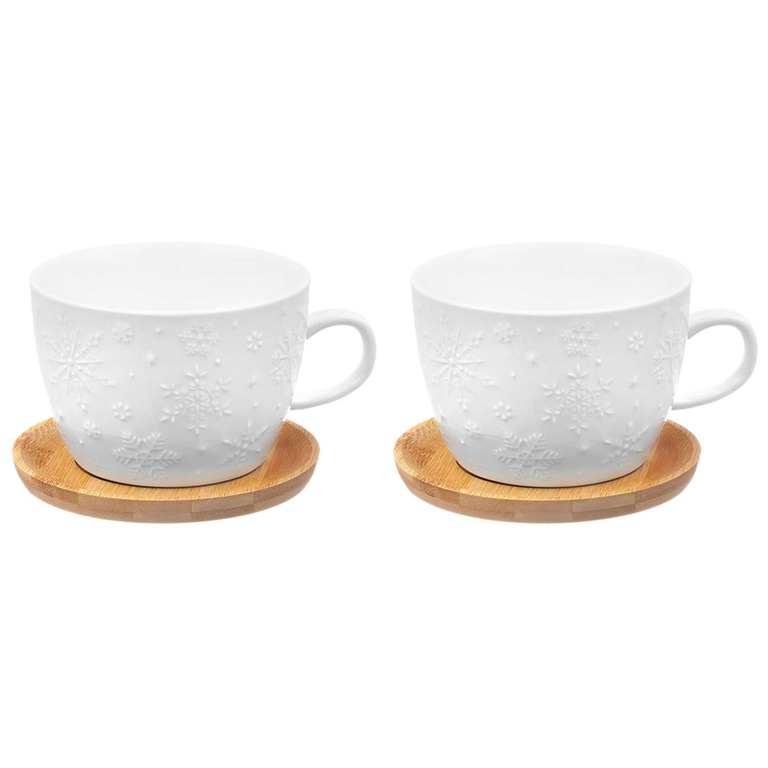 Набор чашек Elan Gallery для капучино и кофе латте Снежинки на деревянной подставке - фото 1