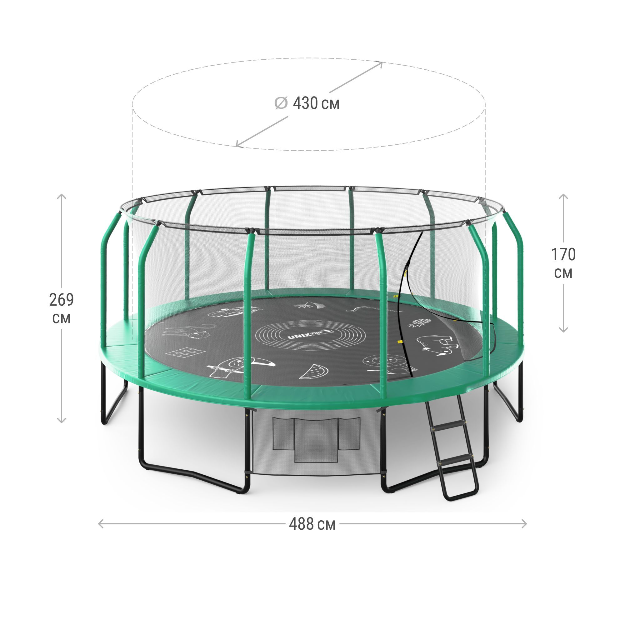 Батут каркасный Supreme Game UNIX line 16 ft Green общий диаметр 488 см до 170 кг диаметр прыжковой зоны 430 см - фото 2