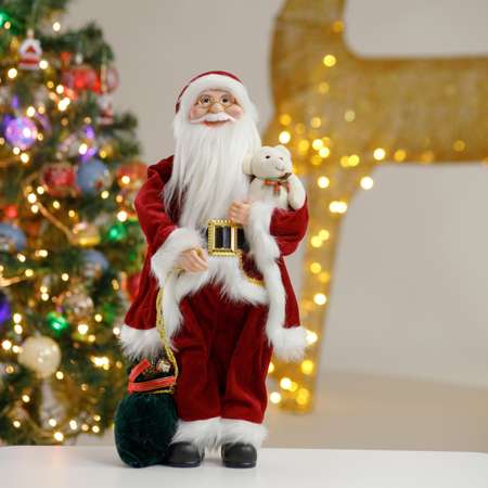Фигура декоративная BABY STYLE Игрушка Дед Мороз в бордовом костюме с белым орнаментом с мишкой и мешком подарков 45 см