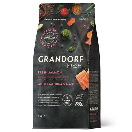 Корм для собак GRANDORF FRESH Fresh Dog Adult Med/Maxi Salmon/Sweet Potato сред и круп пород Свежее филе лосося 1кг беззерн с жив проб