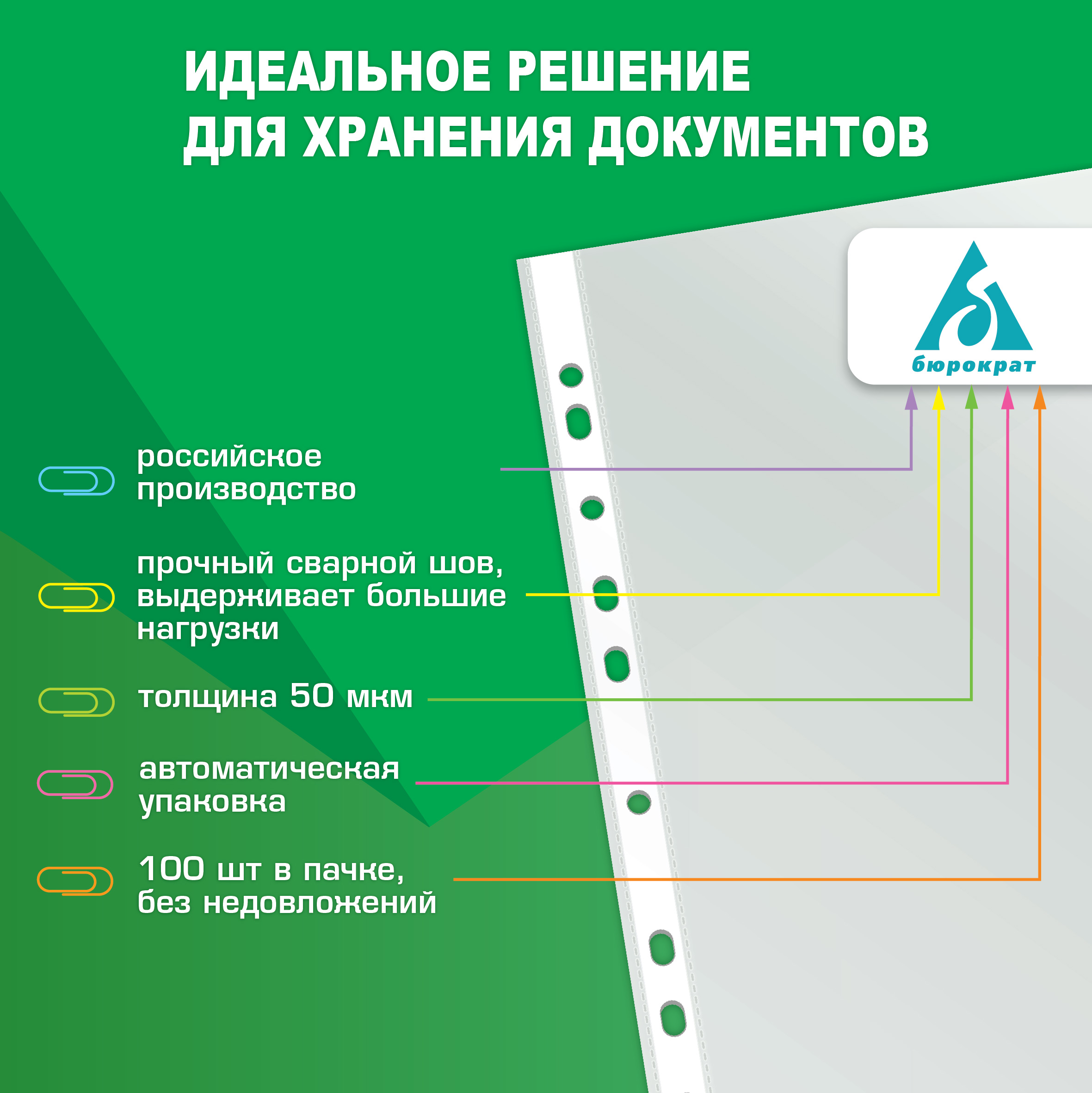 Файлы-вкладыши Бюрократ глянцевые А4+ 50мкм упаковка 100 шт - фото 5