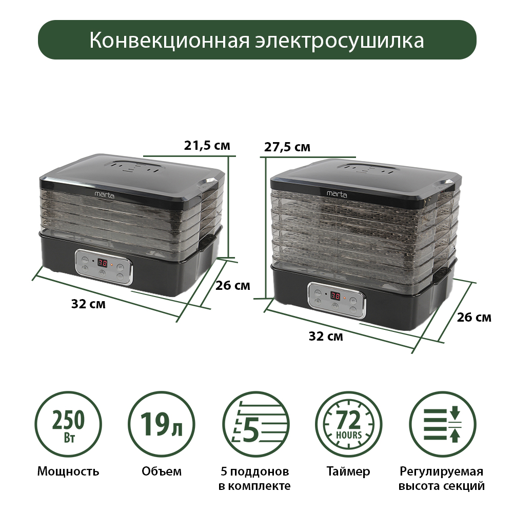 Дегидратор сушилка для овощей MARTA MT-1949 5 поддонов/черный жемчуг - фото 6