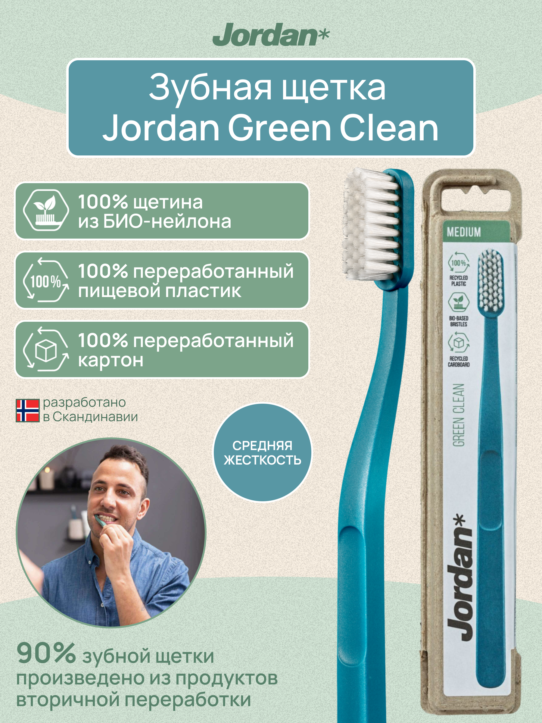 Зубная щетка JORDAN Green Clean Medium средней жесткости, голубой - фото 1