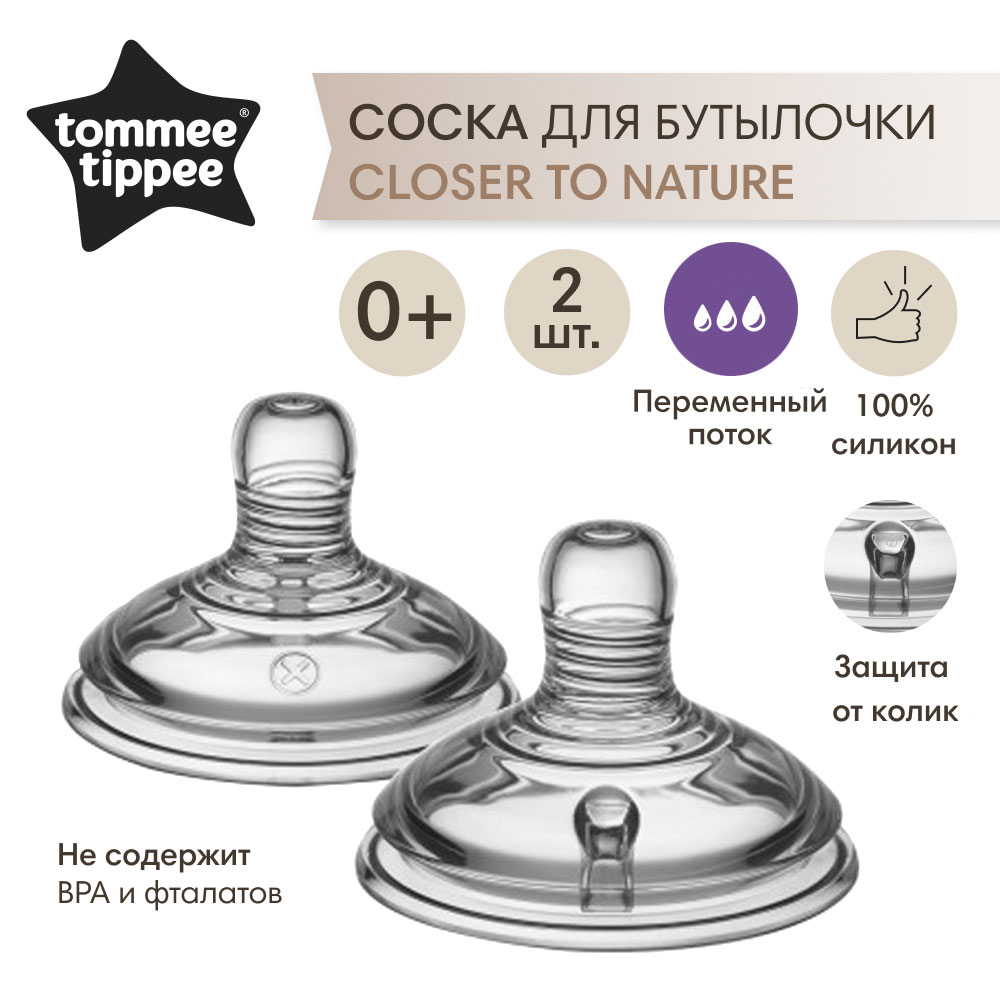 Соска для бутылочки Tommee tippee переменный поток 0+ 2 шт - фото 1