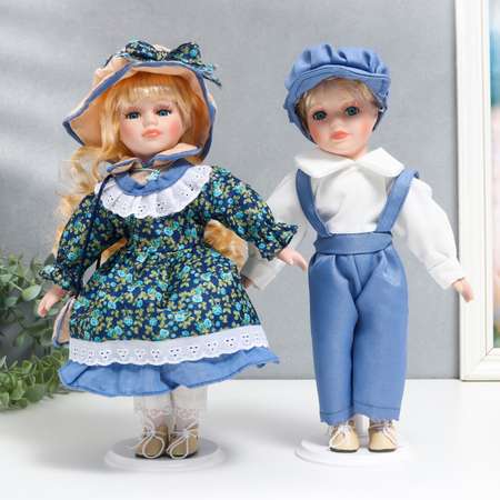 Кукла коллекционная Зимнее волшебство парочка «Аня и Толя наряды розочки на синем» набор 2 шт 30 см