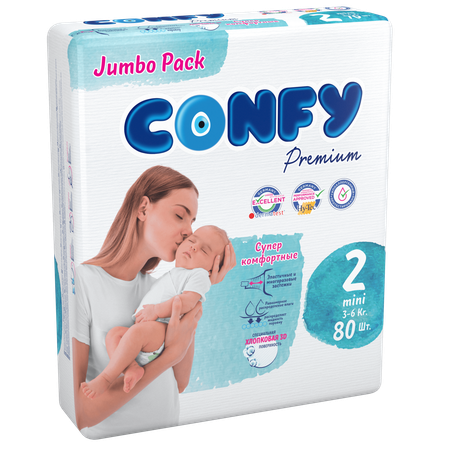 Подгузники детские CONFY Premium Mini размер 2 3-6 кг Jumbo упаковка 80 шт