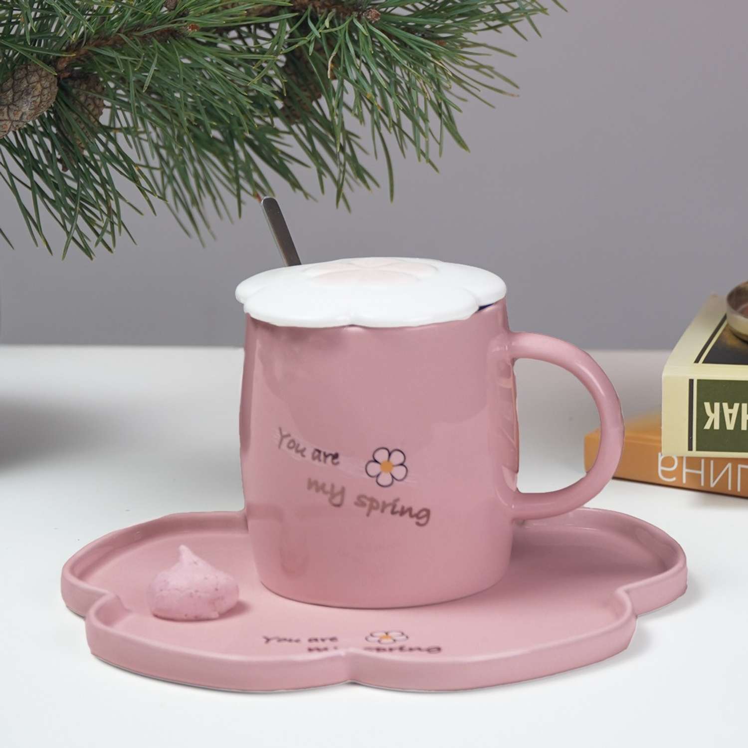 Чайный набор Solmax из кружки с блюдцем/крышкой и ложкой розовый TW56619 - фото 1