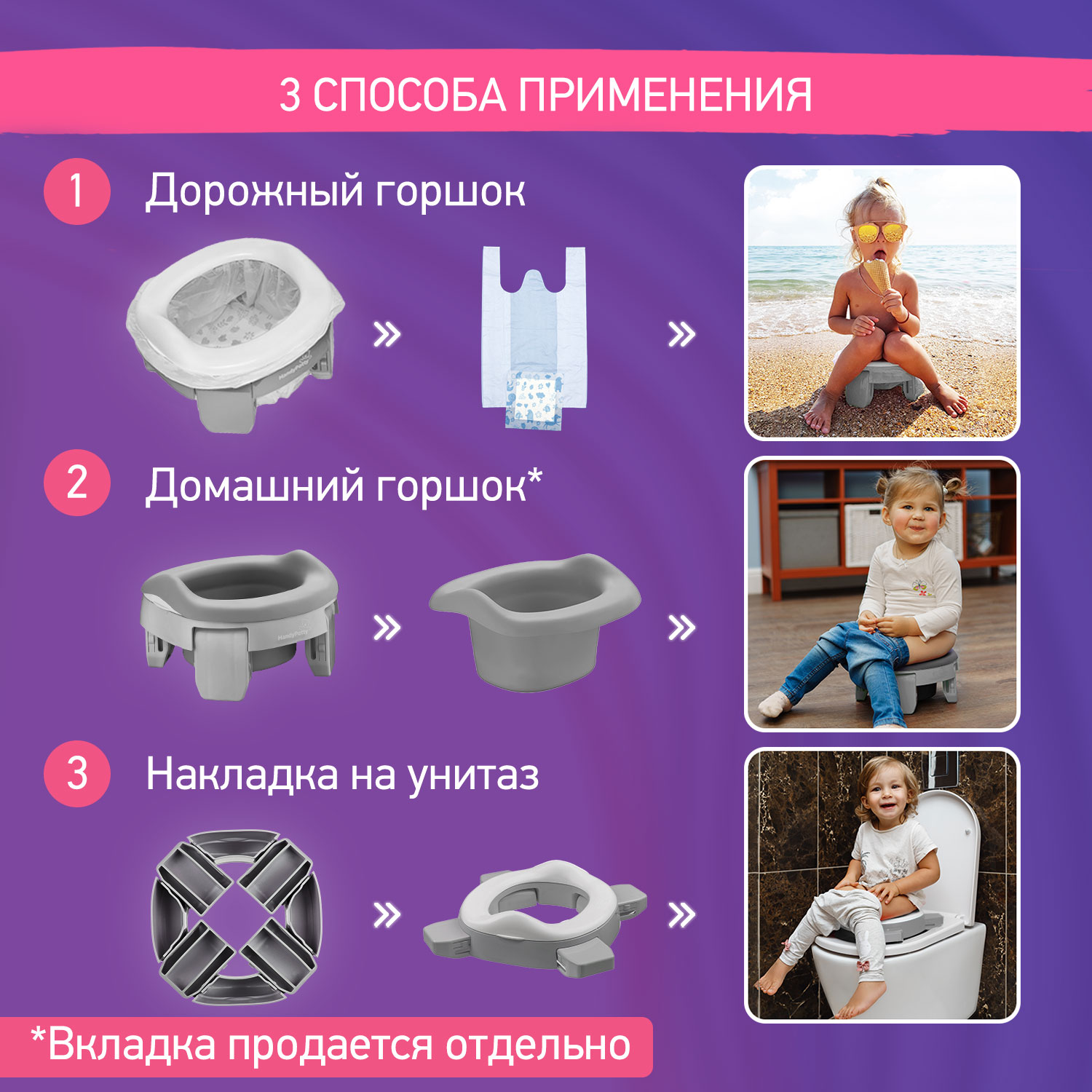 Горшок дорожный ROXY-KIDS складной и насадка на унитаз HandyPotty с тремя пакетами цвет серый - фото 4