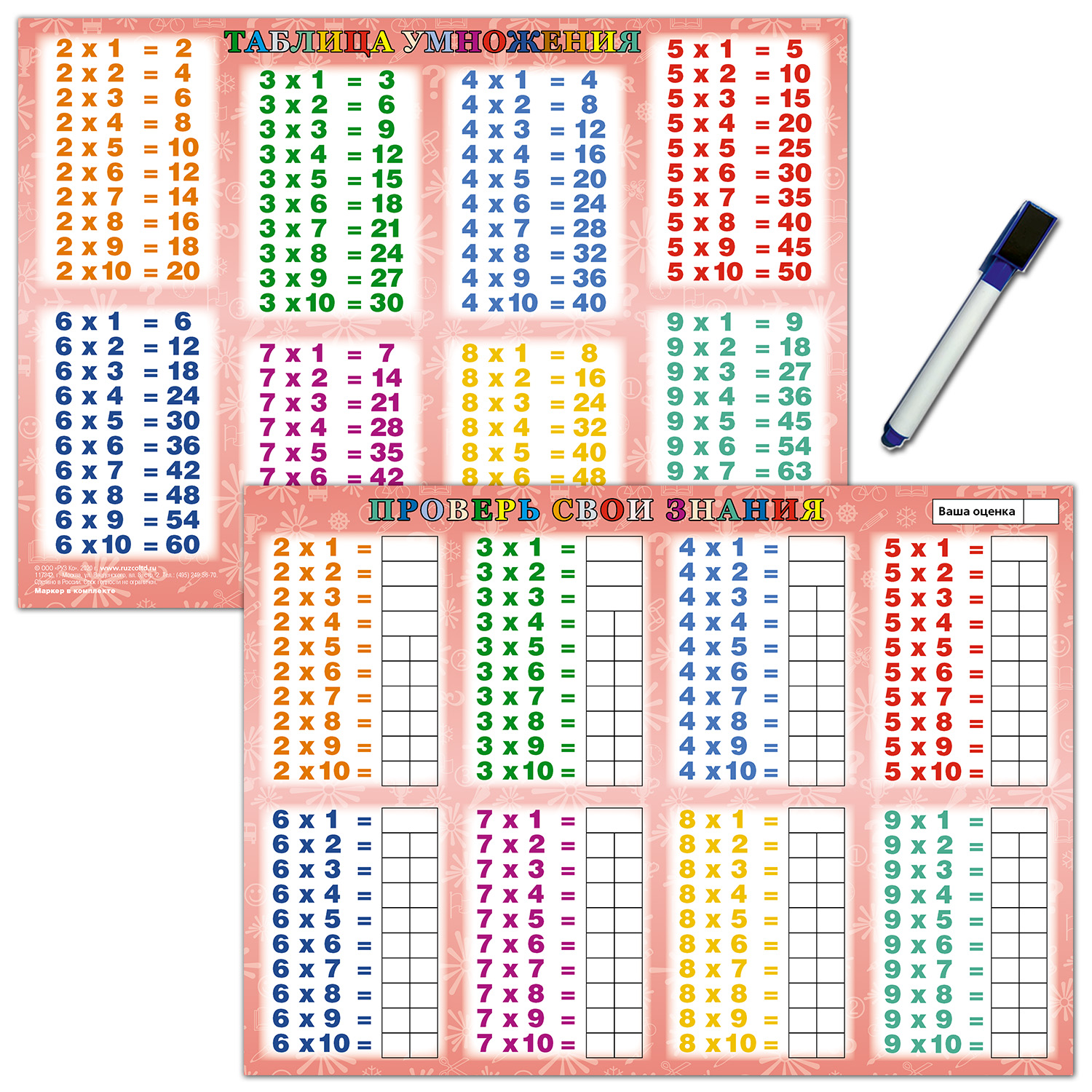 Учебное пособие РУЗ Ко Таблица умножения. Проверь свои знания.  Ламинированное с маркером