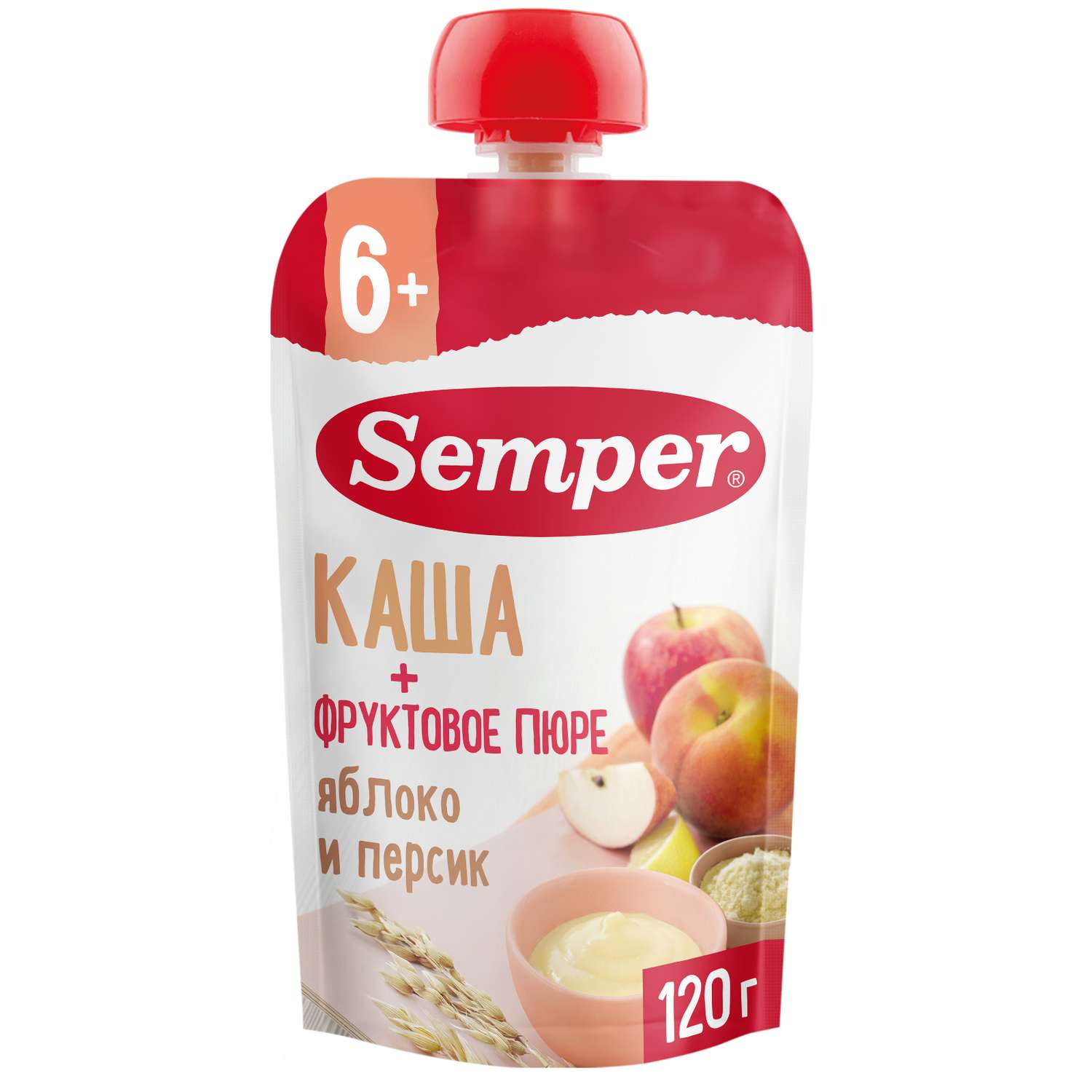 Пюре Semper каша-яблоко-персик пауч 120г 6м - фото 1