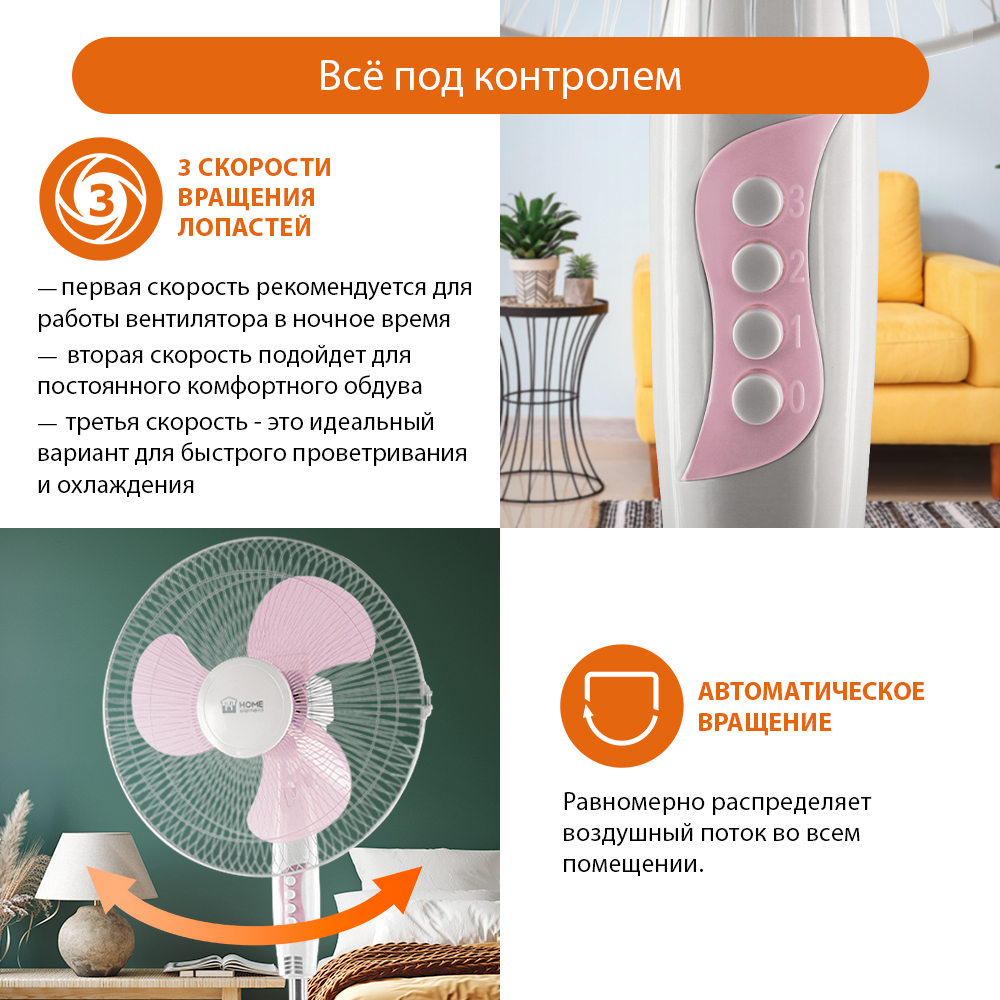 Вентилятор напольный HOME ELEMENT HE-FN1205 белый розовый - фото 3