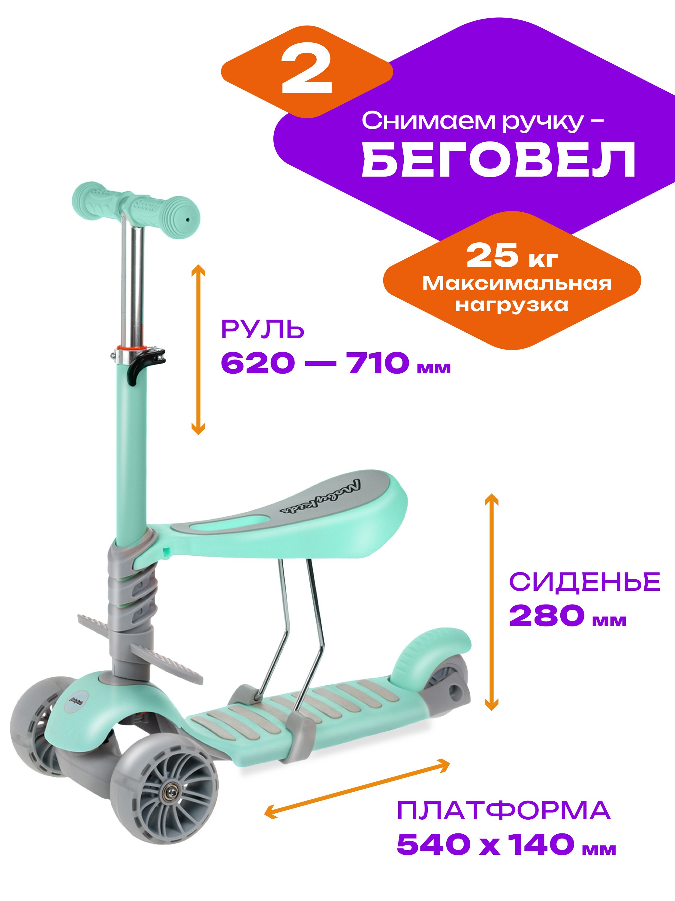 Самокат трехколесный Moby Kids Pony 3 в 1 светящиеся колеса. Мятный - фото 4