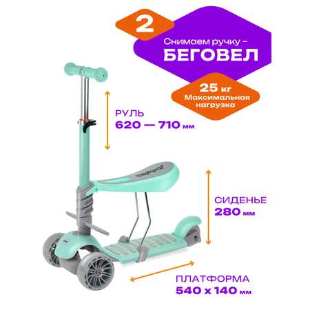 Самокат трехколесный Moby Kids Pony 3 в 1 светящиеся колеса. Мятный