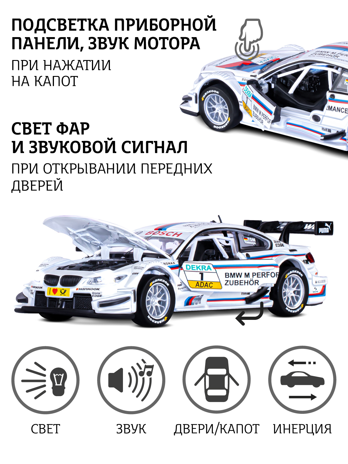 Автомобиль АВТОпанорама BMW M3 DTM 1:32 белый JB1251317 - фото 2