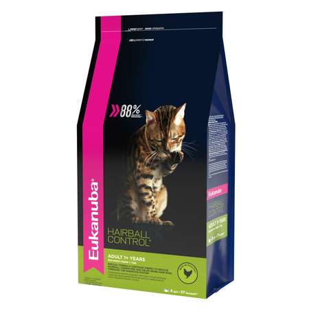 Корм сухой для кошек Eukanuba Cat Hairball 2кг с домашней птицей для вывода шерсти из желудка