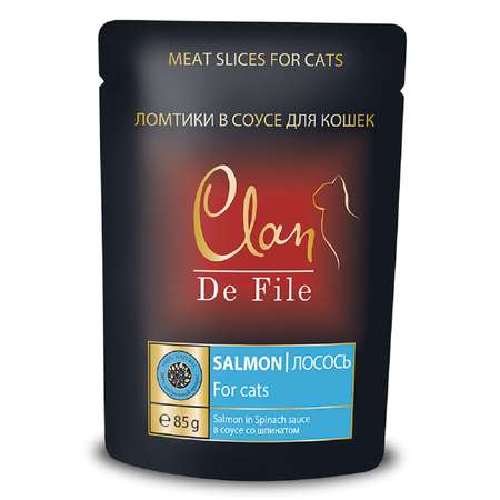 Корм для кошек Clan De File с лососем с шпинатом в соусе консервированный 85г
