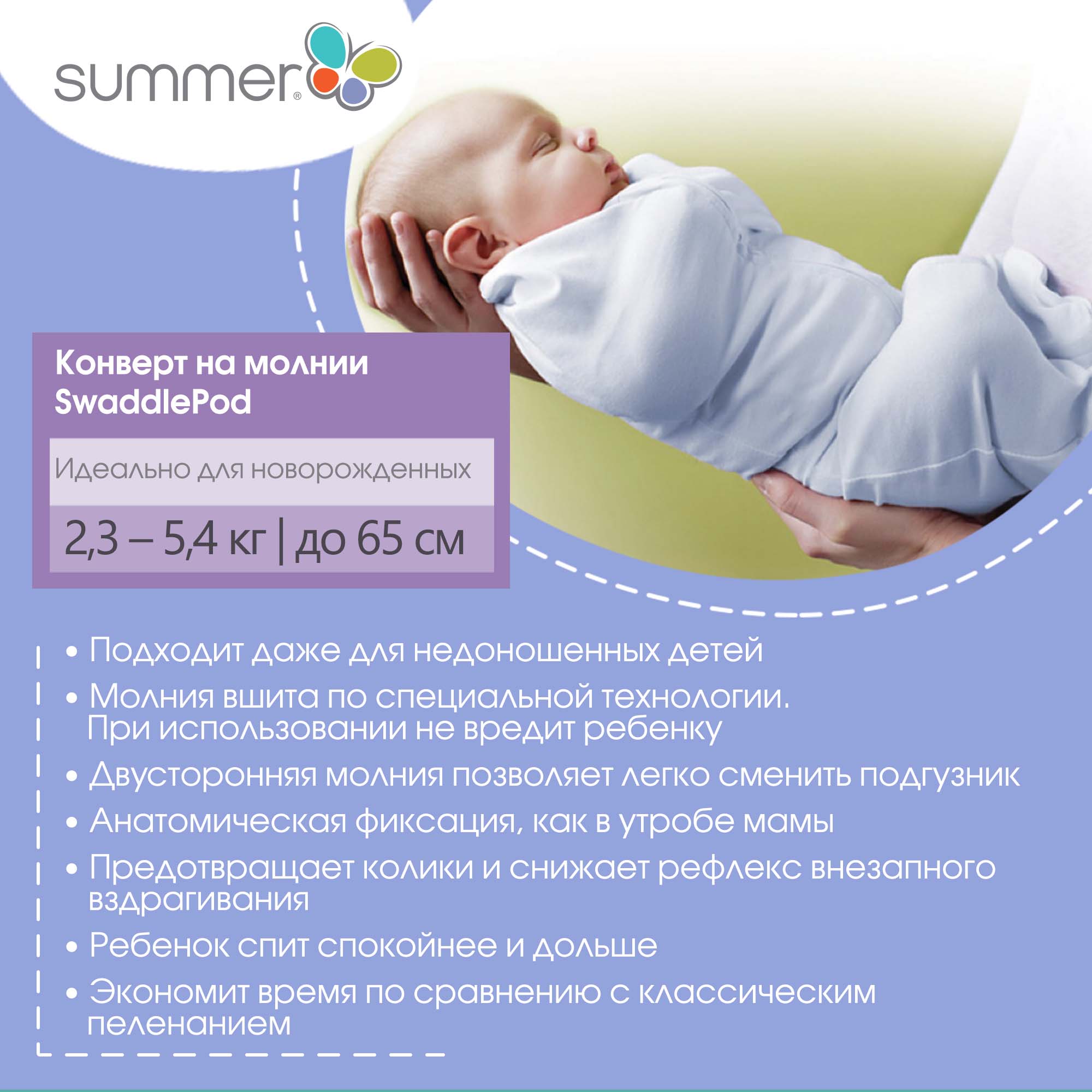 Пеленка-кокон для новорожденных Summer Infant на молнии Swaddlepod 2 шт Зверята и пчелки - фото 5