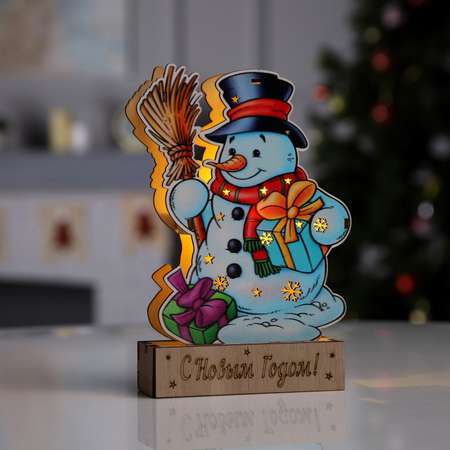 Светодиодная фигура Sima-Land «Снеговик с подарками» 13×20×2.5 см дерево батарейки LR1130х3 свечение тёплое белое