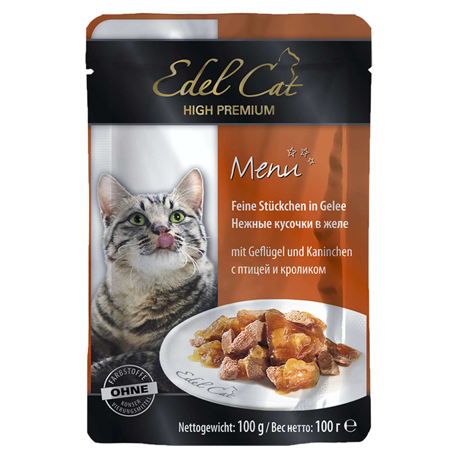 Корм влажный для кошек Edel Cat 100г кусочки в желе птица-кролик пауч - фото 1