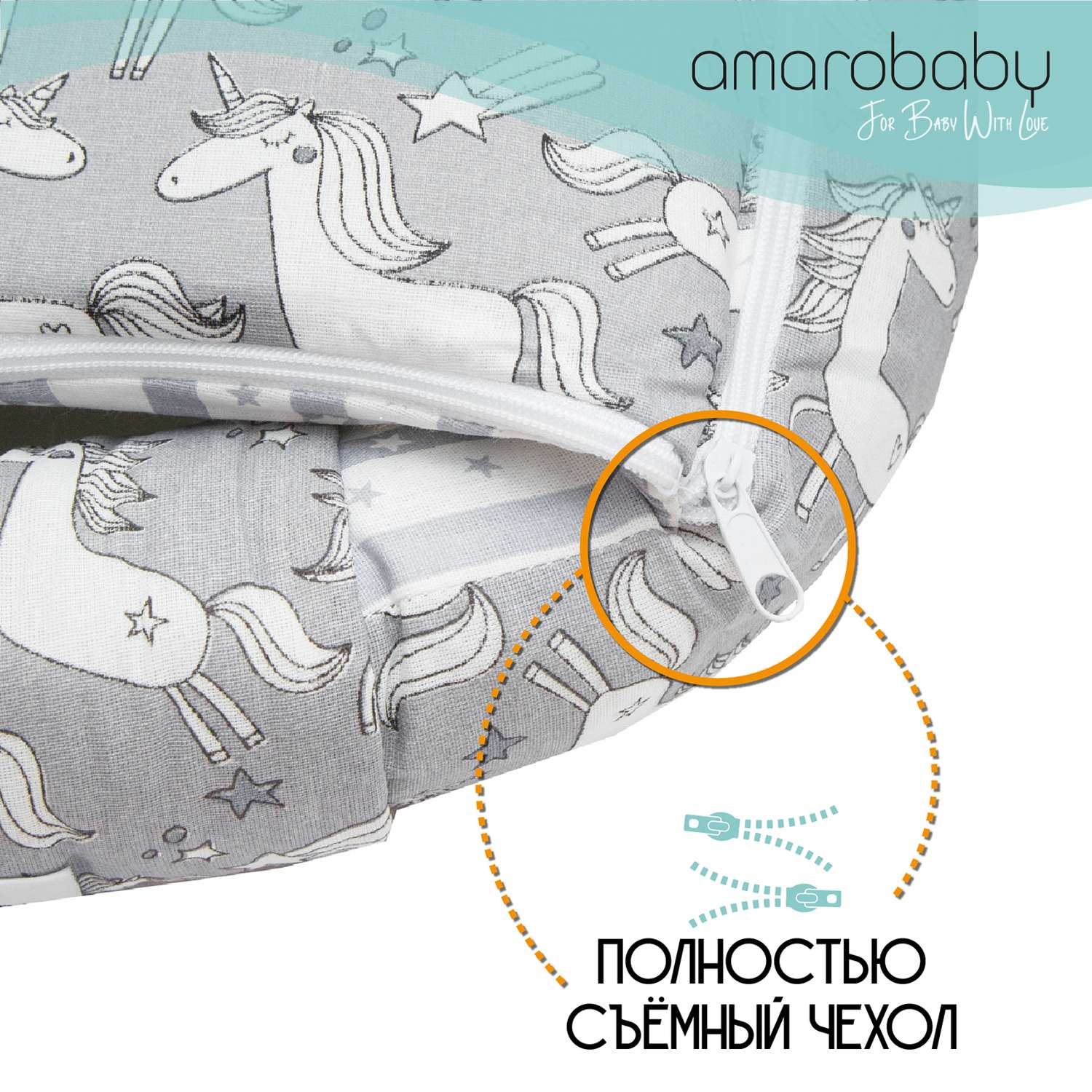 Подушка-позиционер Amarobaby Little Baby Сказочные единорожки Белый-Серый - фото 7