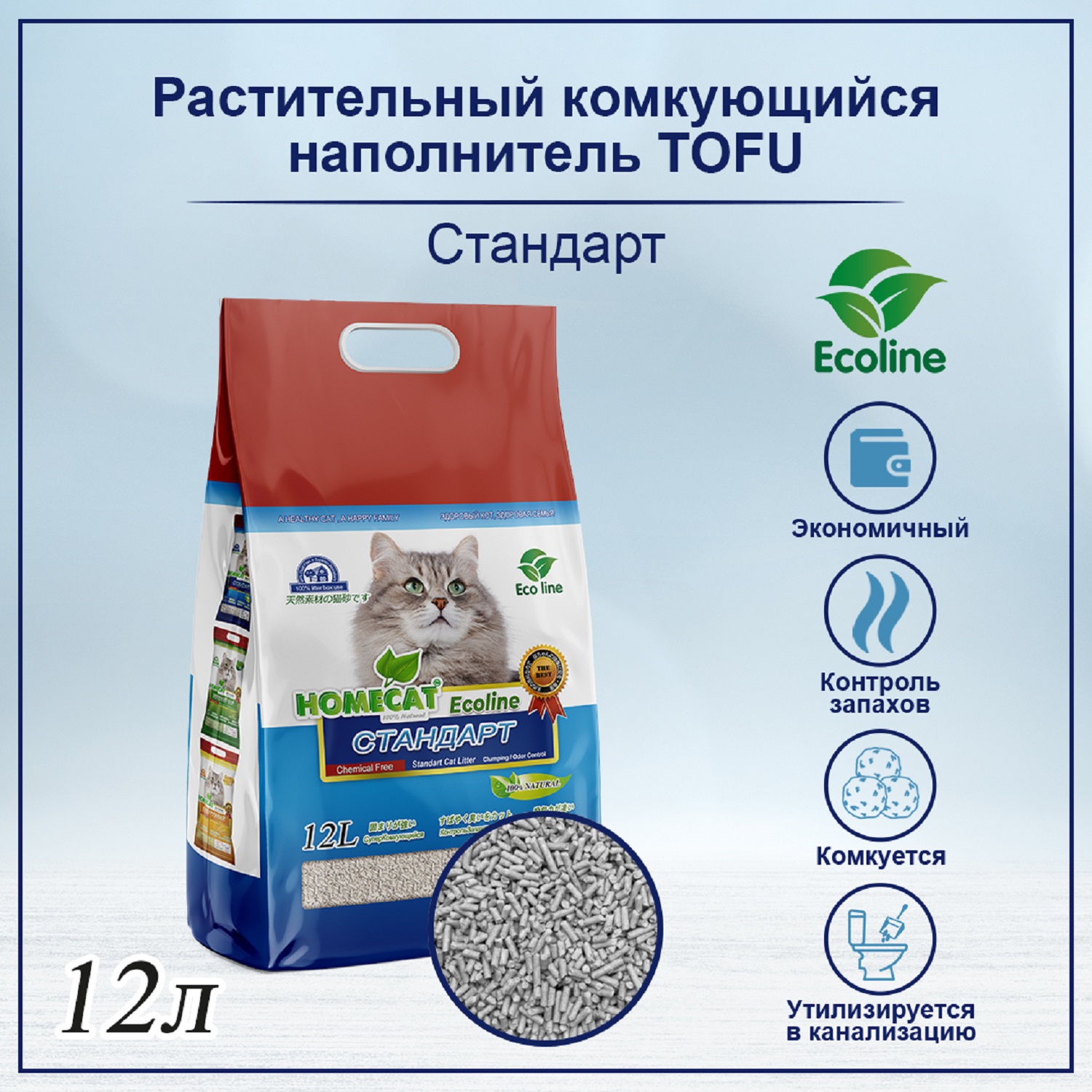 Наполнитель для кошек Homecat Ecoline Стандарт комкующийся без запаха 12л - фото 2