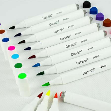 Фломастеры-кисти 24 цвета Darvish со штампами в пластиковом футляре для рисования