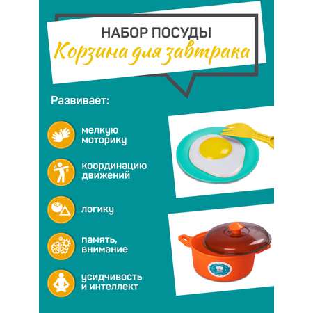 Игровой ДЖАМБО Набор посуды с продуктами Корзина для завтрака 17 предметов