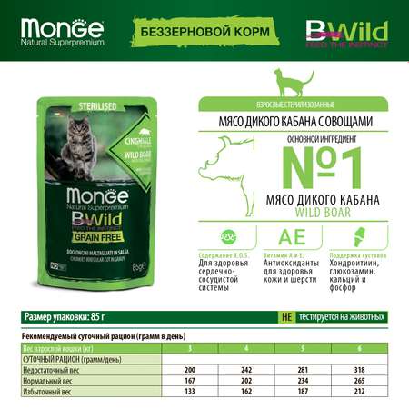 Корм для кошек MONGE Cat BWild Grain Free для стерилизованных беззерновой из мяса дикого кабана с овощами пауч 85г