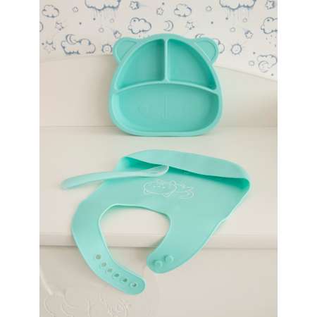 Набор посуды Baby Nice для детей с нагрудником силикон мятный