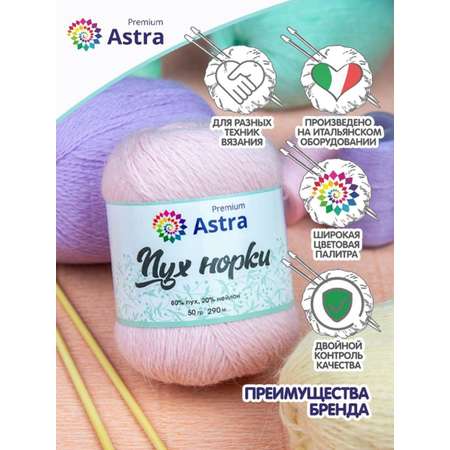 Пряжа Astra Premium Пух норки Mink yarn воздушная с ворсом 50 г 290 м 064 серо-голубой 1 моток