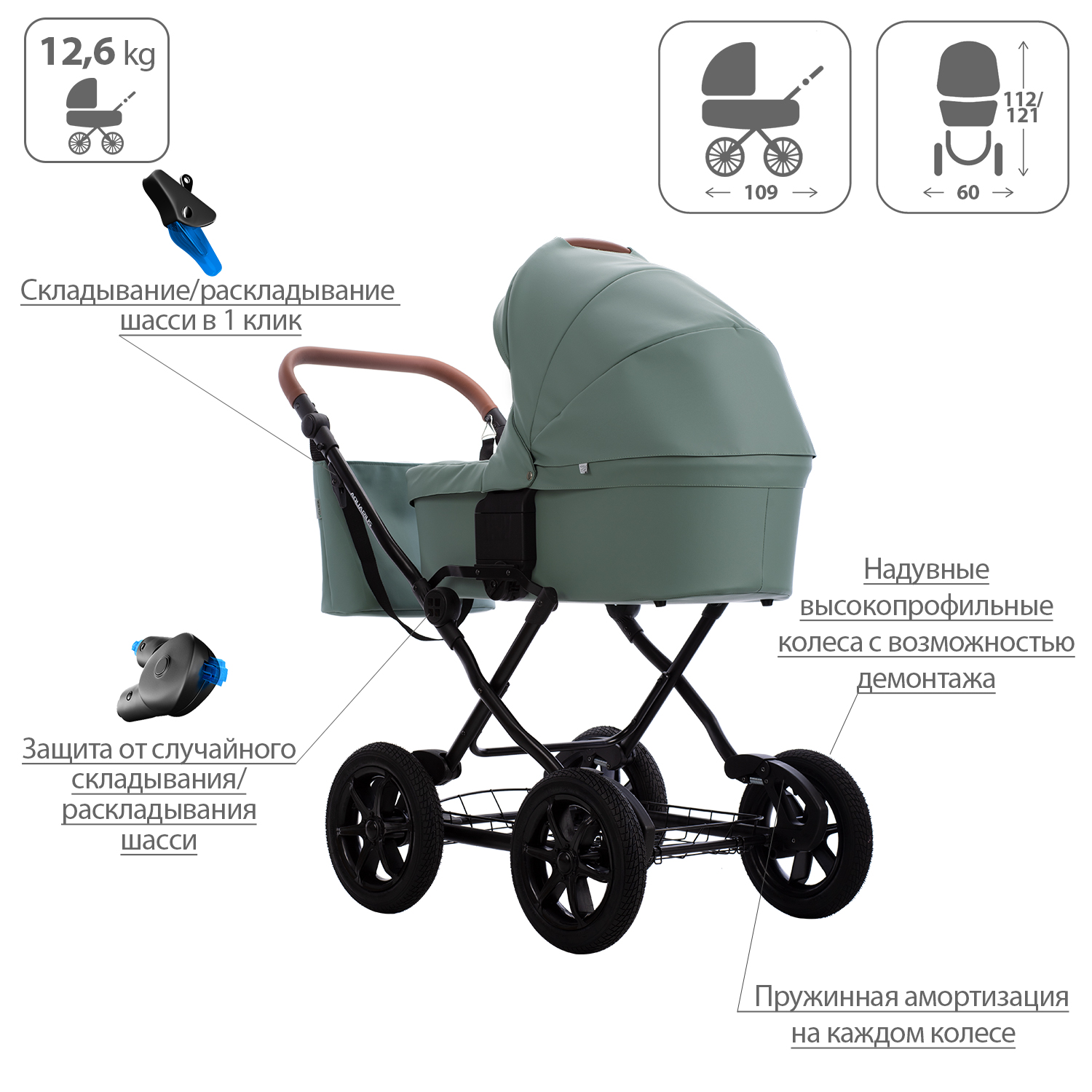 Коляска 2в1 Bebetto Aquarius PRO экокожа шасси Черное 07 - фото 4