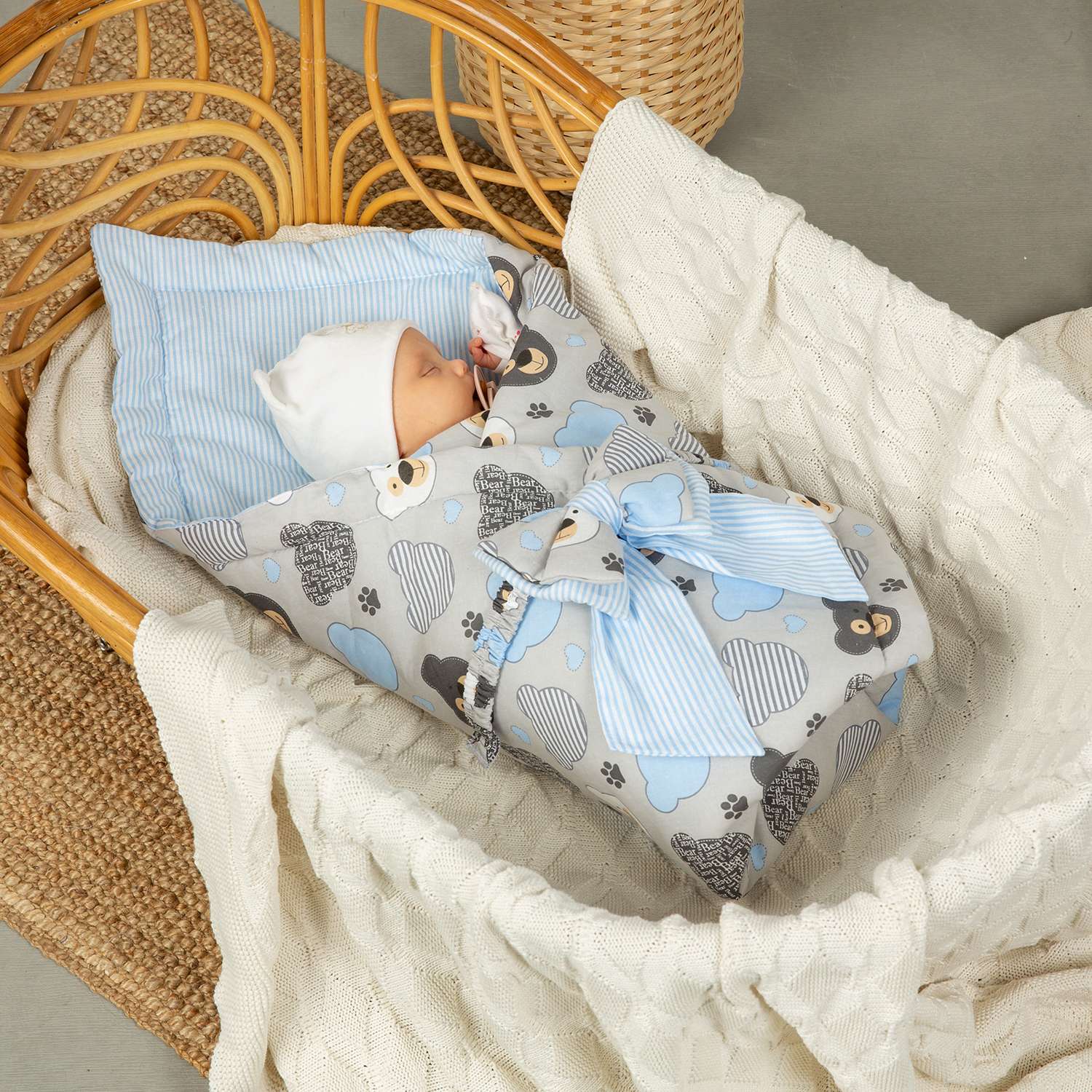 Конверт-одеяло Чудо-чадо для новорожденного на выписку «Времена года» мишки/голубой - фото 3