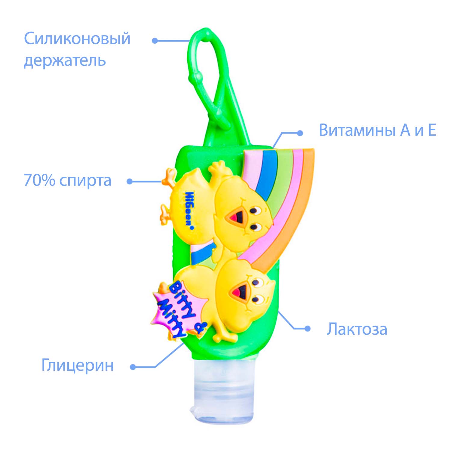 Гель для рук HiGeen антибактериальный - антисептик с витаминами «Bitty и Mitty» с держателем 50мл - фото 2