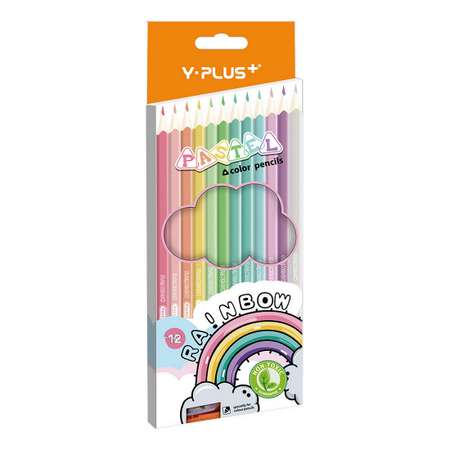 Карандаши цветные Y-plus пастельные Rainbow Pastel трехгранные набор 12 цветов и точилка