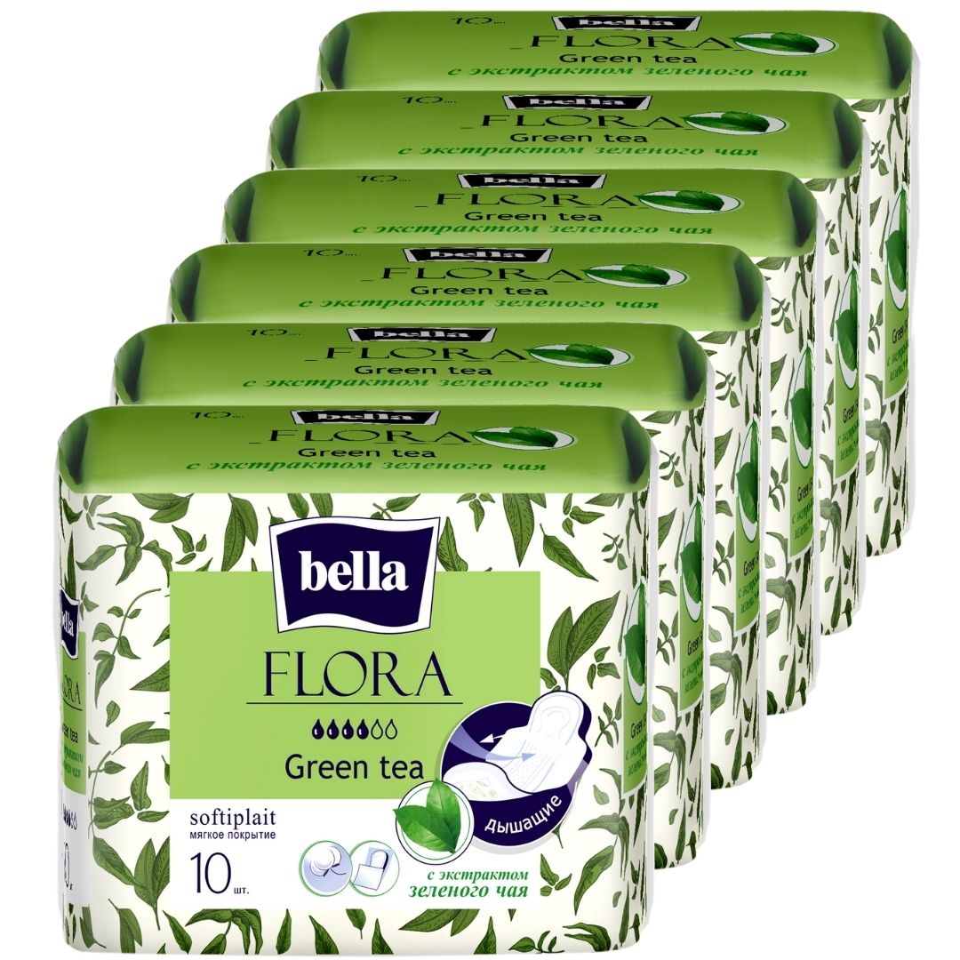 Прокладки женские BELLA FLORA Green tea с экстрактом зеленого чая 10 шт х 6 упаковок - фото 1