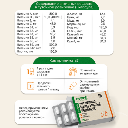 Витаминно-минеральный комплекс OVER Витамины для красоты и здоровья 30 капсул