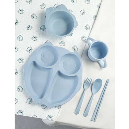 Набор детской посуды Добрый Филин Детская тарелка вилка ложка Совушка голубая 6 предметов
