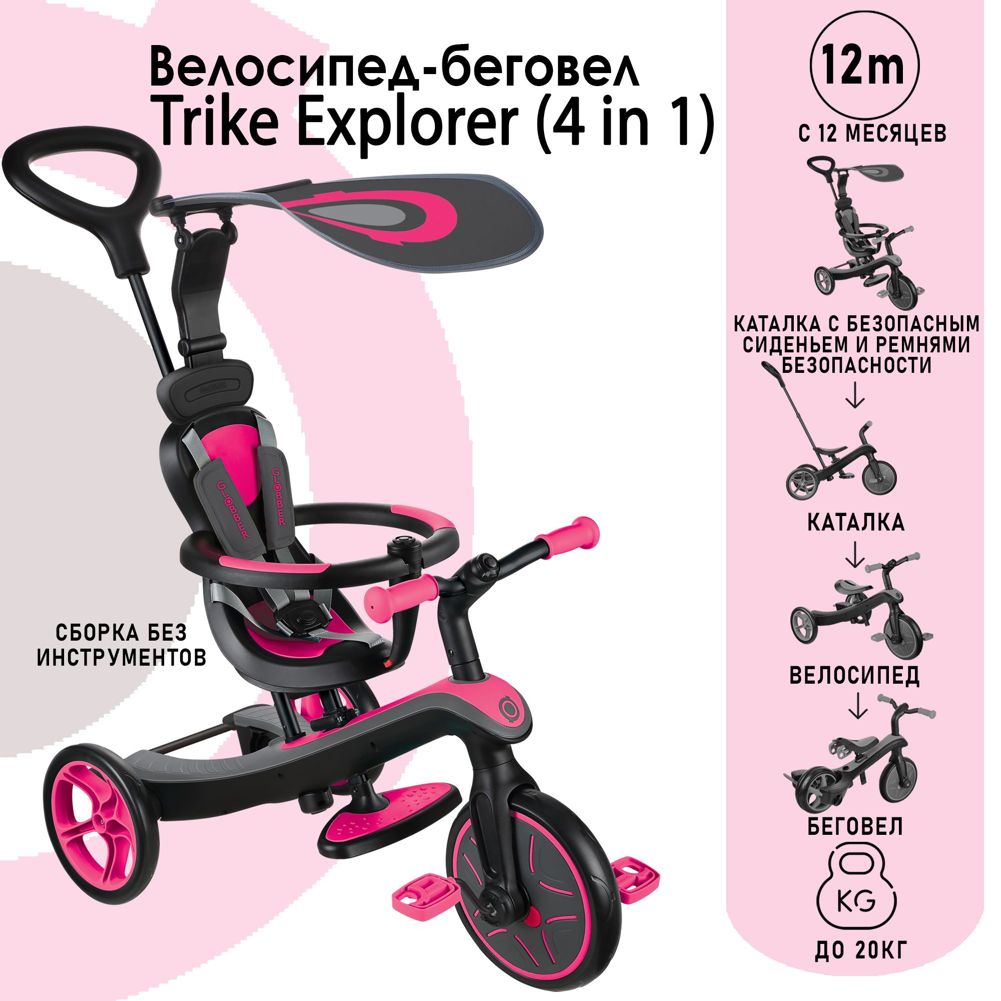 Велосипед-беговел Globber TRIKE EXPLORER 4 IN 1 (Розовый)