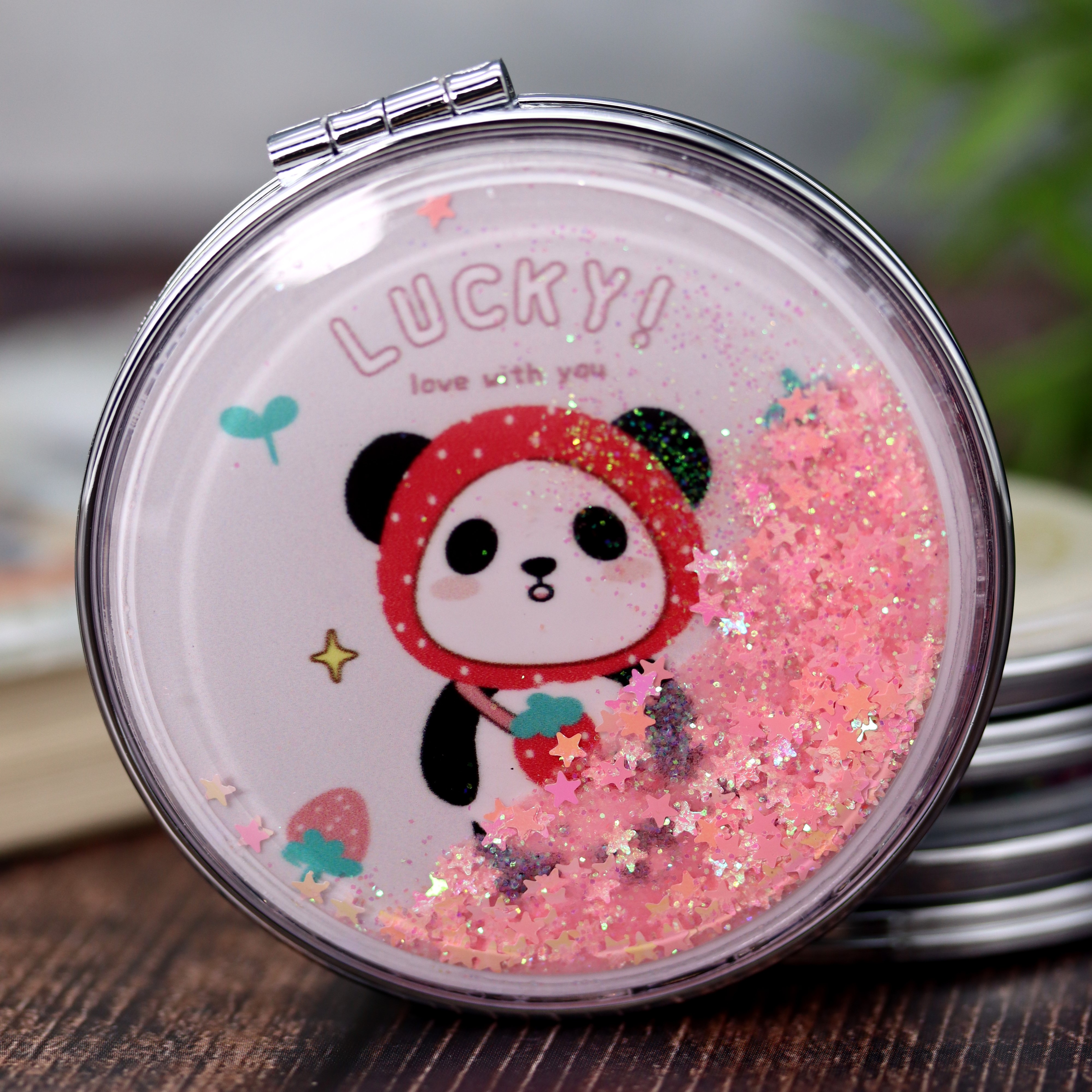 Зеркало карманное iLikeGift Lucky panda strawberry pink с увеличением - фото 5